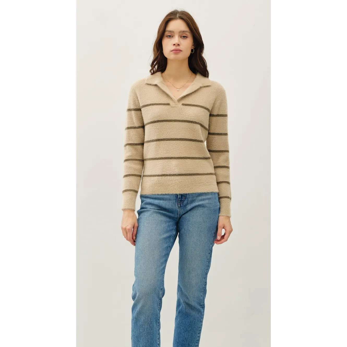 The Balboa Beige/Olive Fuzzy Striped Polo Sweater