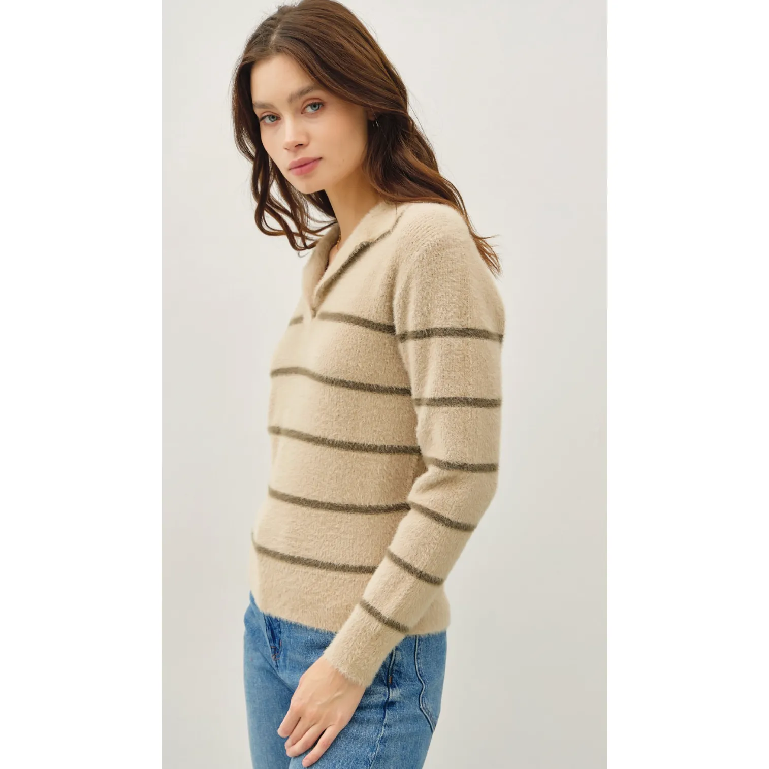 The Balboa Beige/Olive Fuzzy Striped Polo Sweater