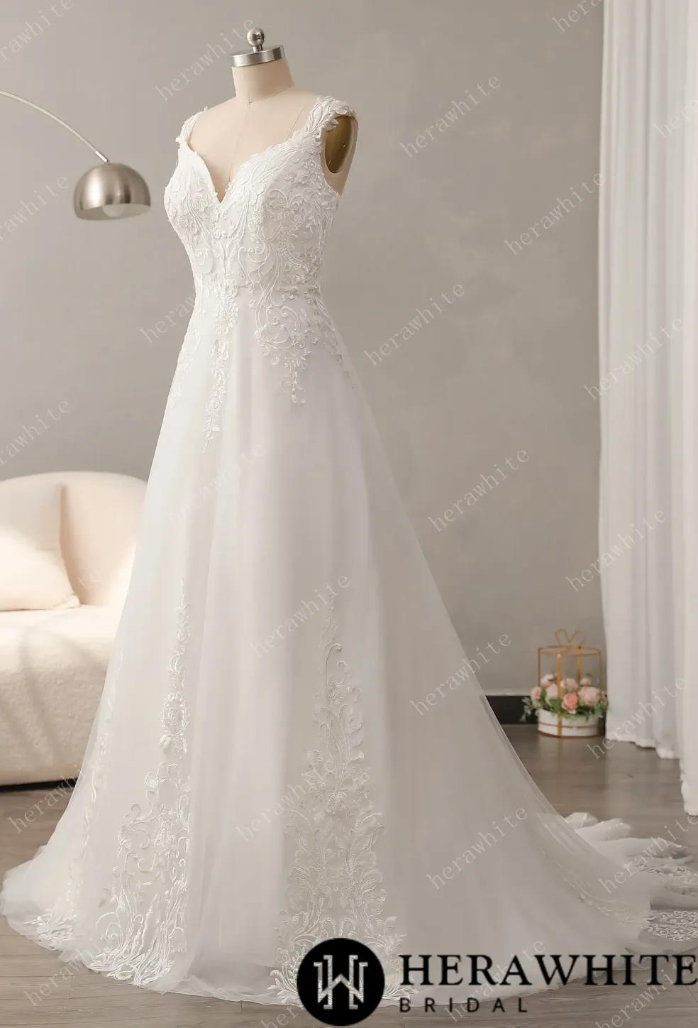 Timeless Lace Wedding Dress with V-Neckline