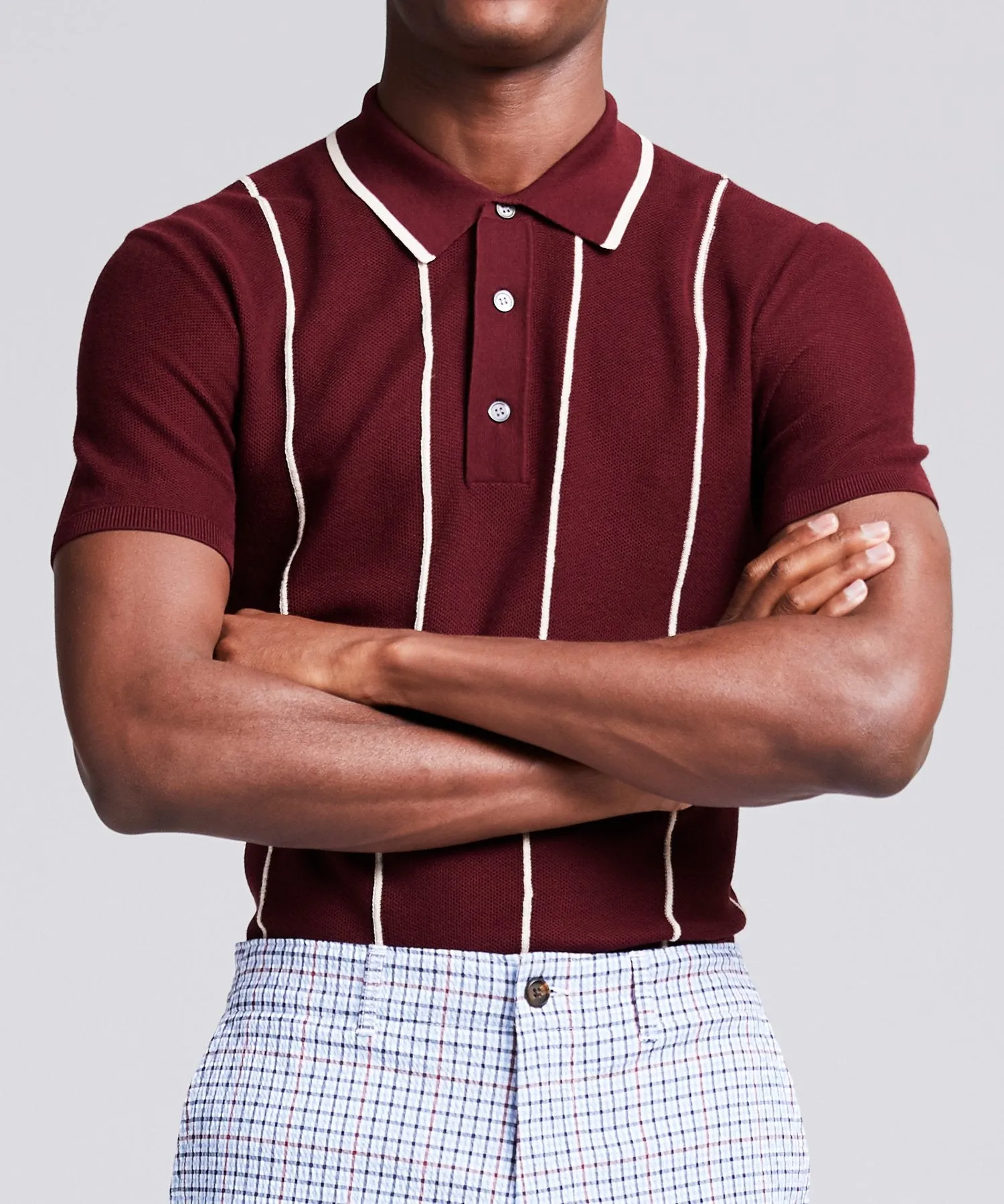 Tipped Wide Stripe Mesh Polo Sweater in Burgundy