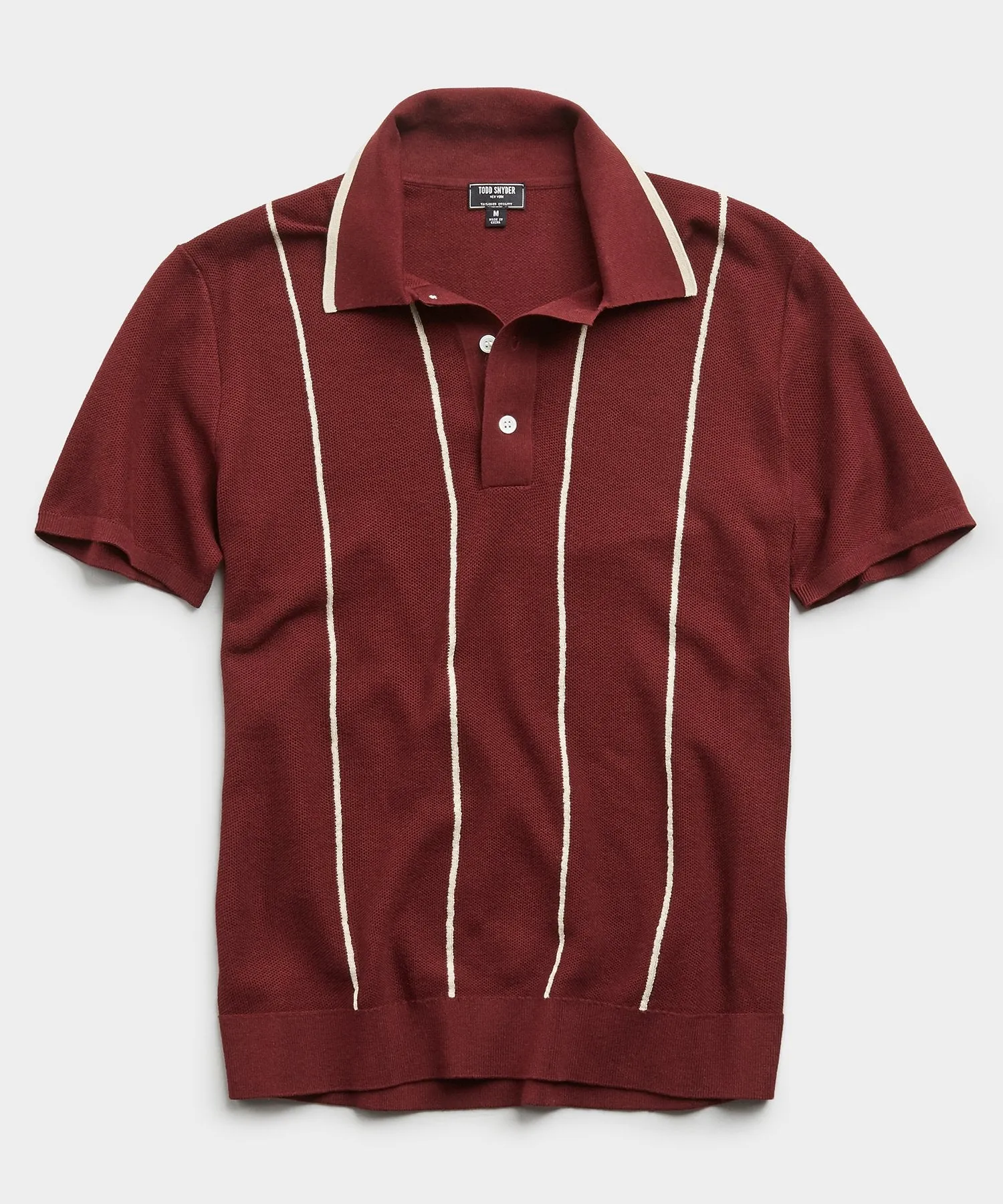 Tipped Wide Stripe Mesh Polo Sweater in Burgundy