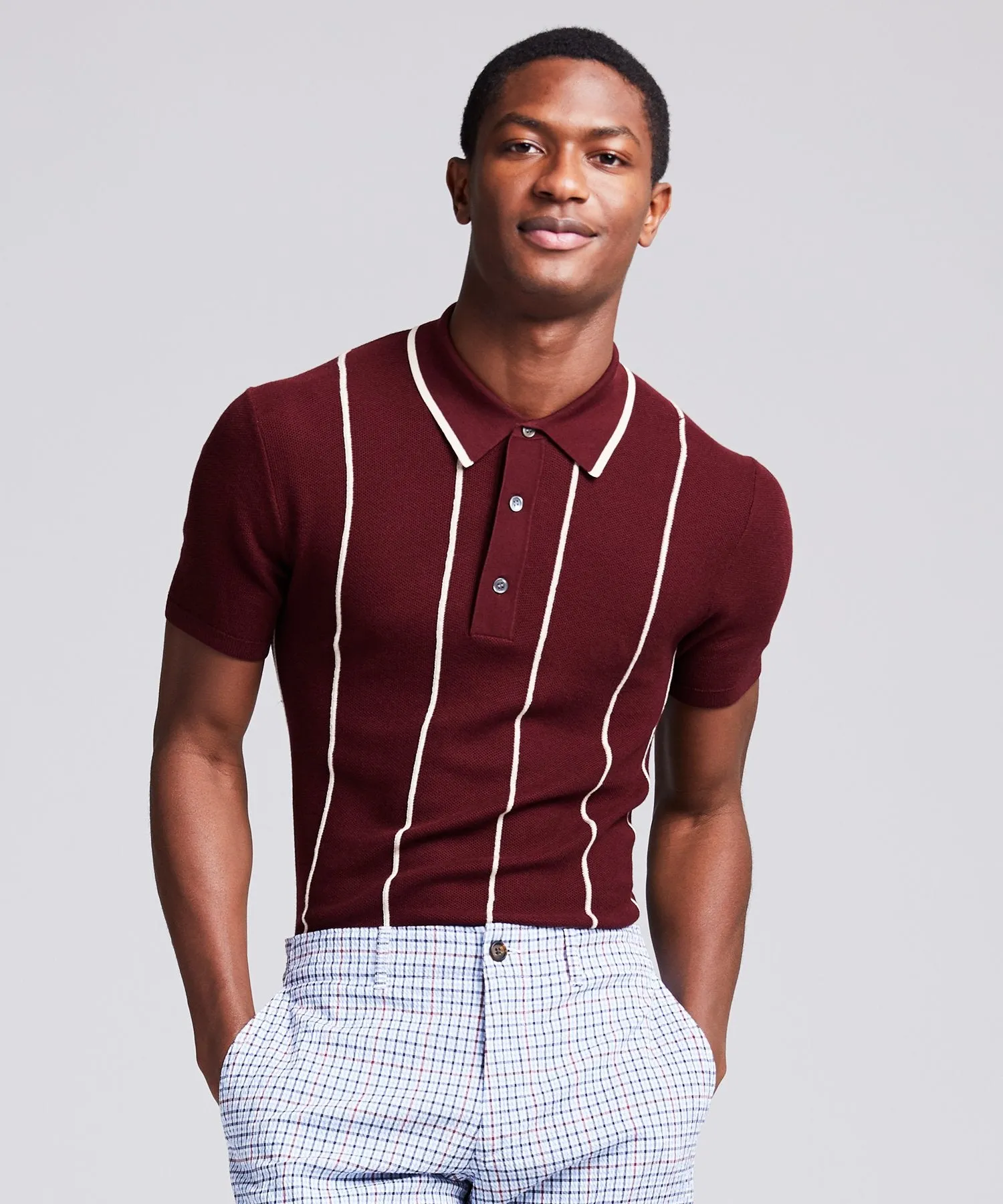 Tipped Wide Stripe Mesh Polo Sweater in Burgundy