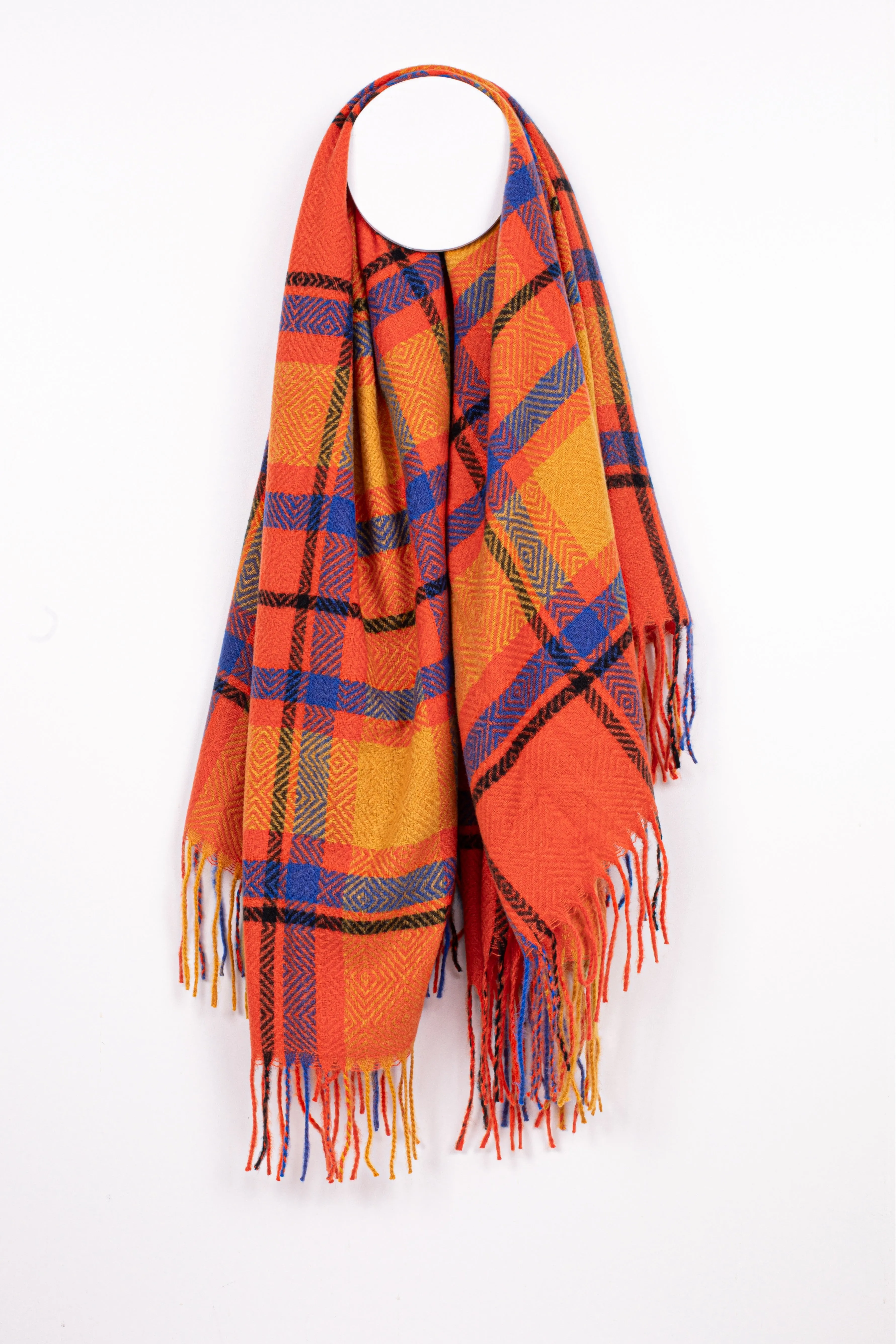 tom & eva Oversize Square Plaid Scarf With Fringe Border