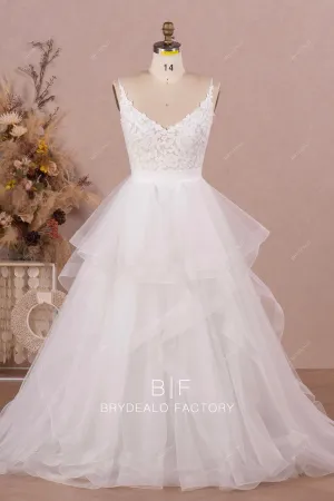 Two-piece V-neck Lace Ruffed Tulle Ball Gown Wedding Dress