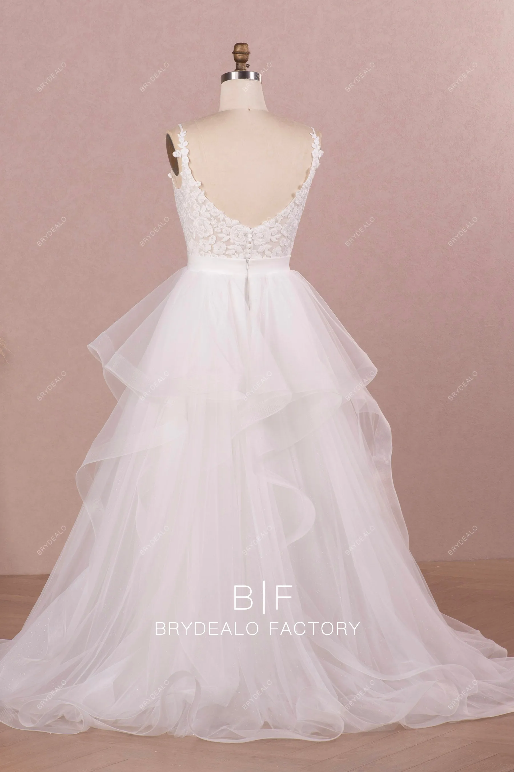 Two-piece V-neck Lace Ruffed Tulle Ball Gown Wedding Dress