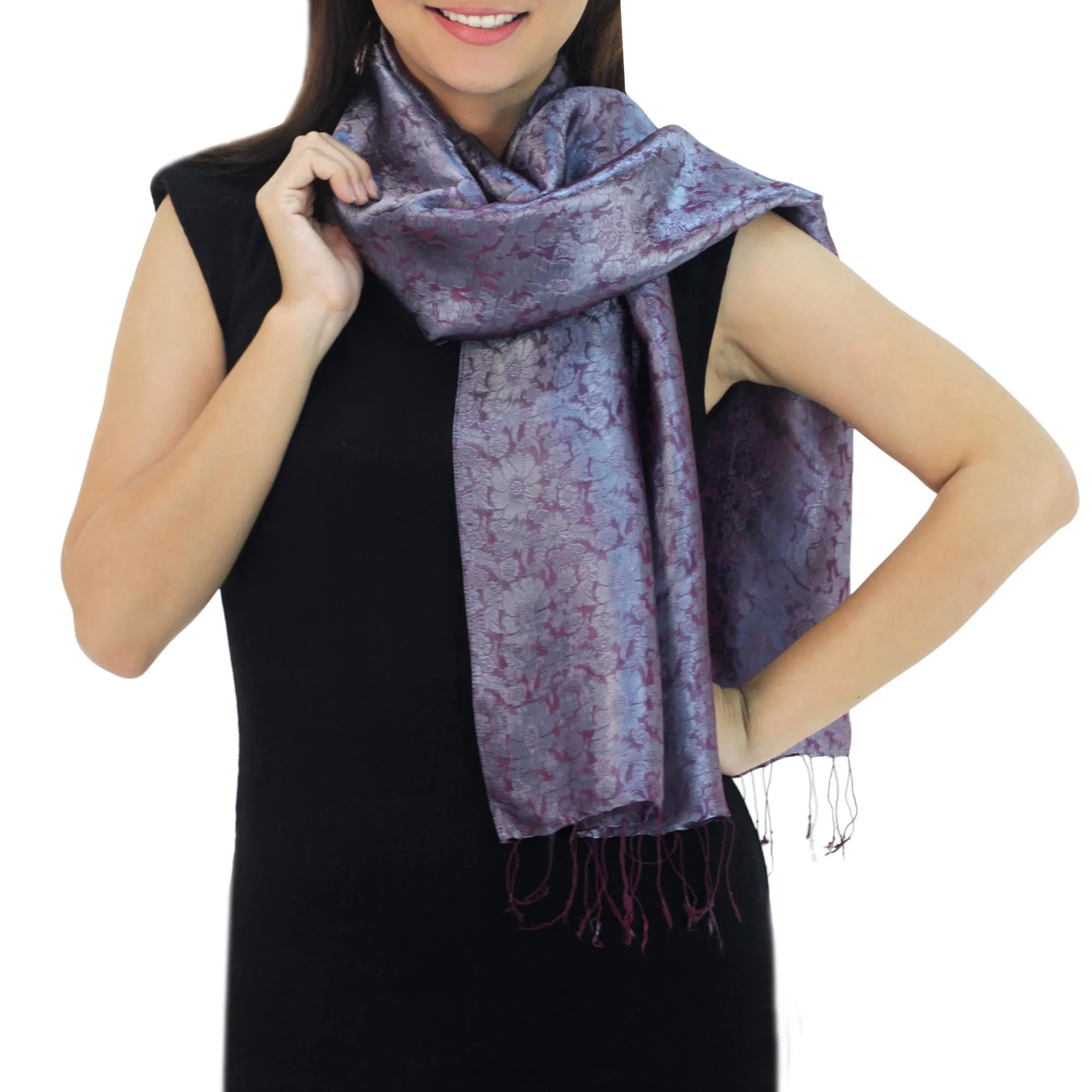 Two-tone Floral Pattern Hand Woven Scarf from Thailand - Grey Purple Bouquet | NOVICA