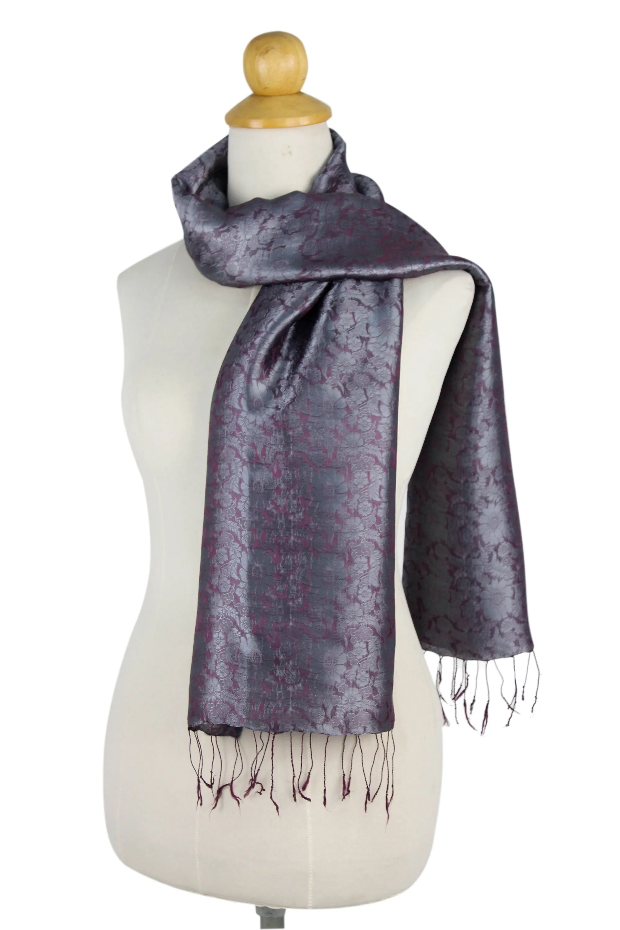 Two-tone Floral Pattern Hand Woven Scarf from Thailand - Grey Purple Bouquet | NOVICA