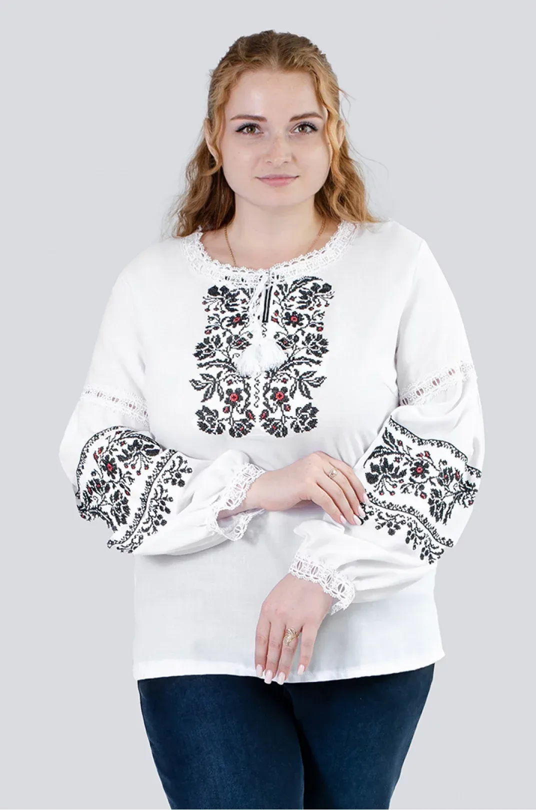 Ukrainian embroidered linen blouse with lace