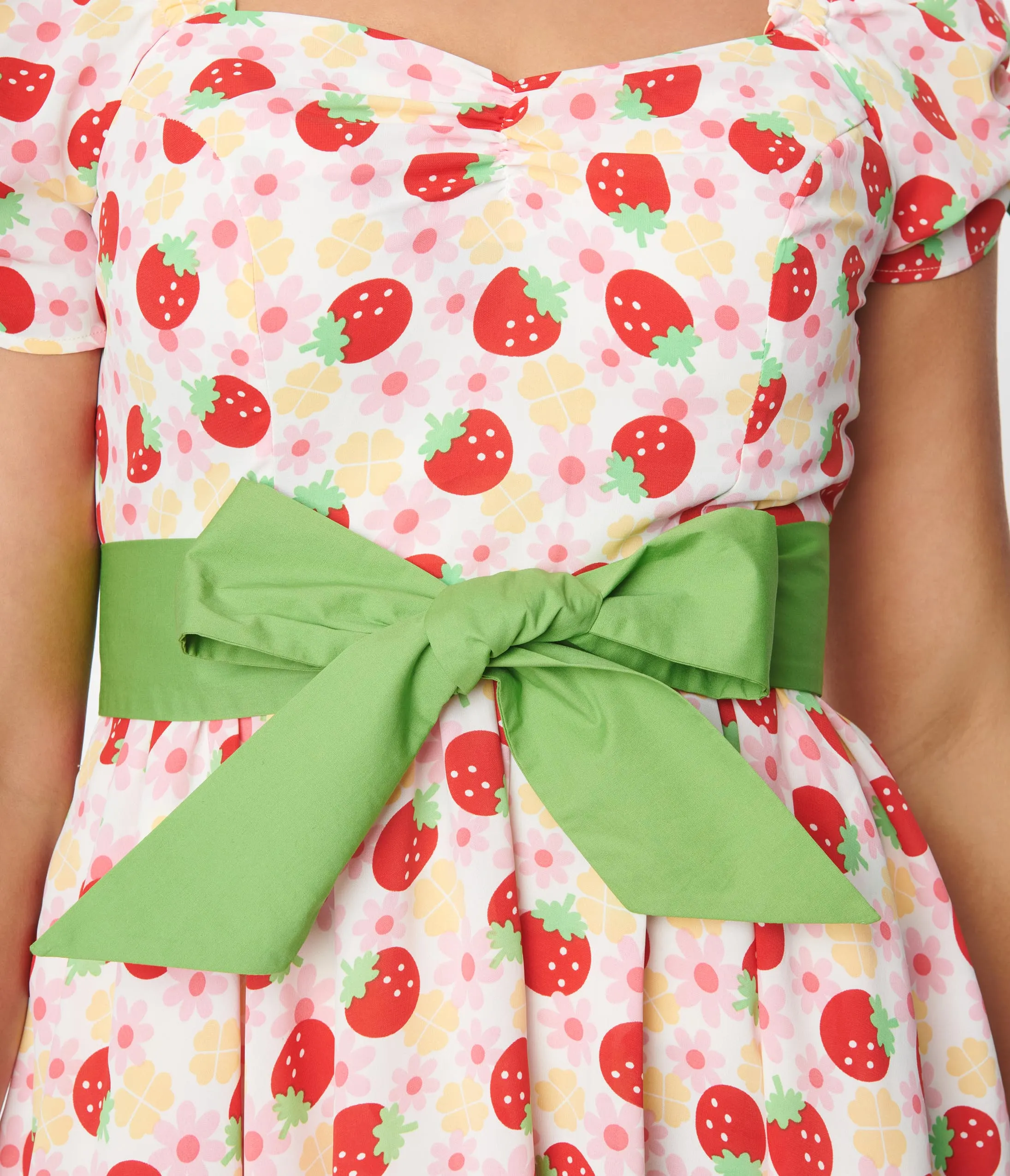 Unique Vintage Pink Floral Strawberries Dakota Flare Dress