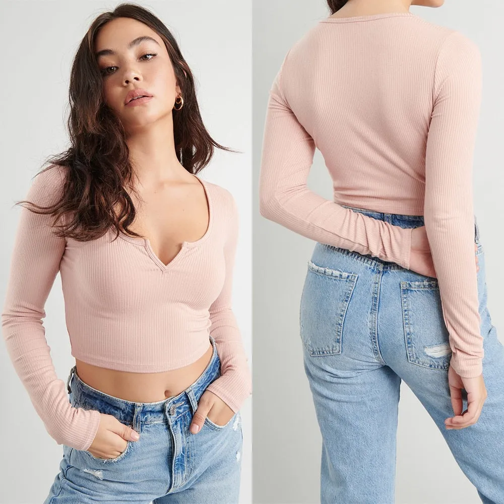 V Neck Long Sleeve Casual Crop Top Knitted T Shirt Slim Ribbed White Top