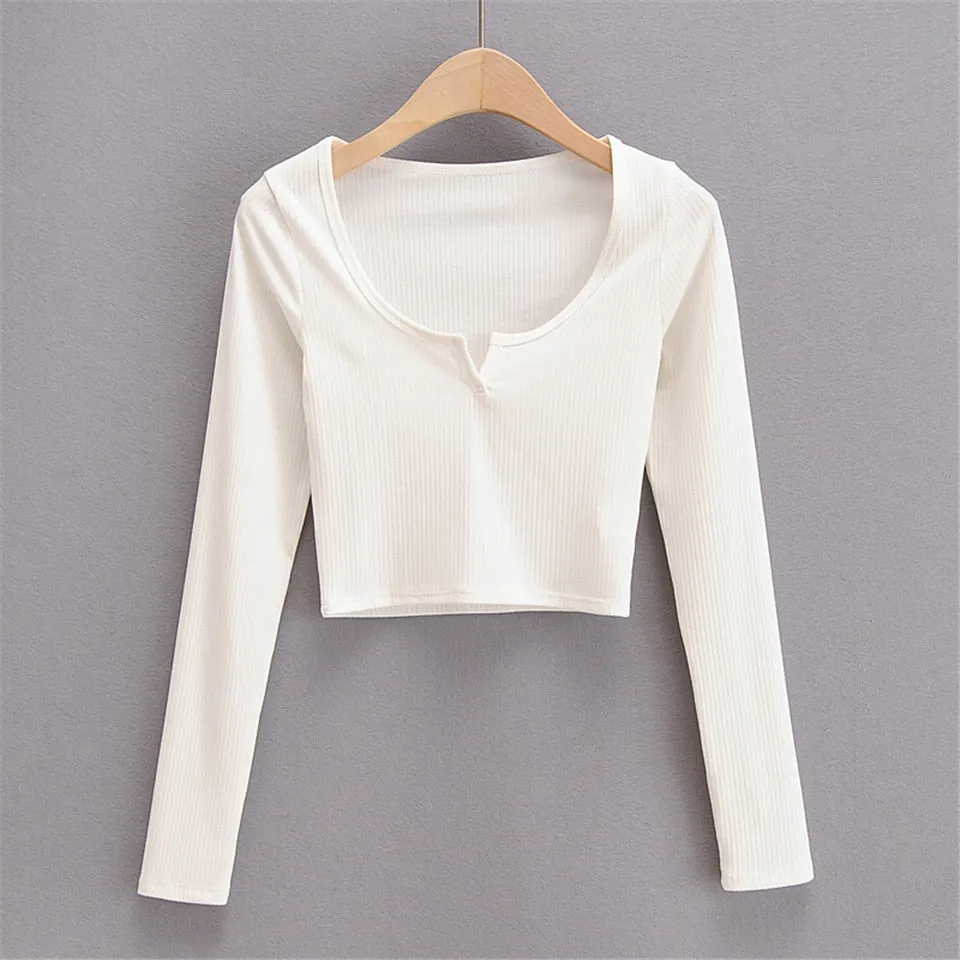 V Neck Long Sleeve Casual Crop Top Knitted T Shirt Slim Ribbed White Top