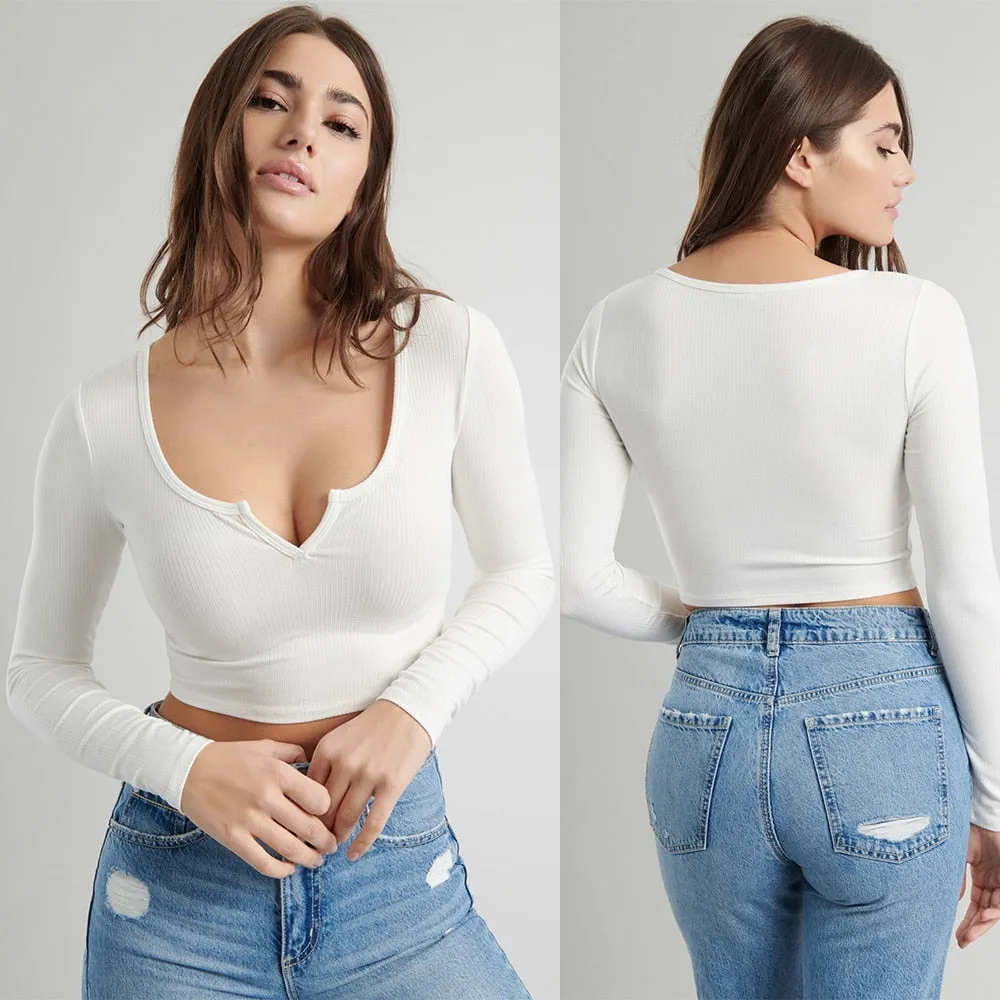 V Neck Long Sleeve Casual Crop Top Knitted T Shirt Slim Ribbed White Top