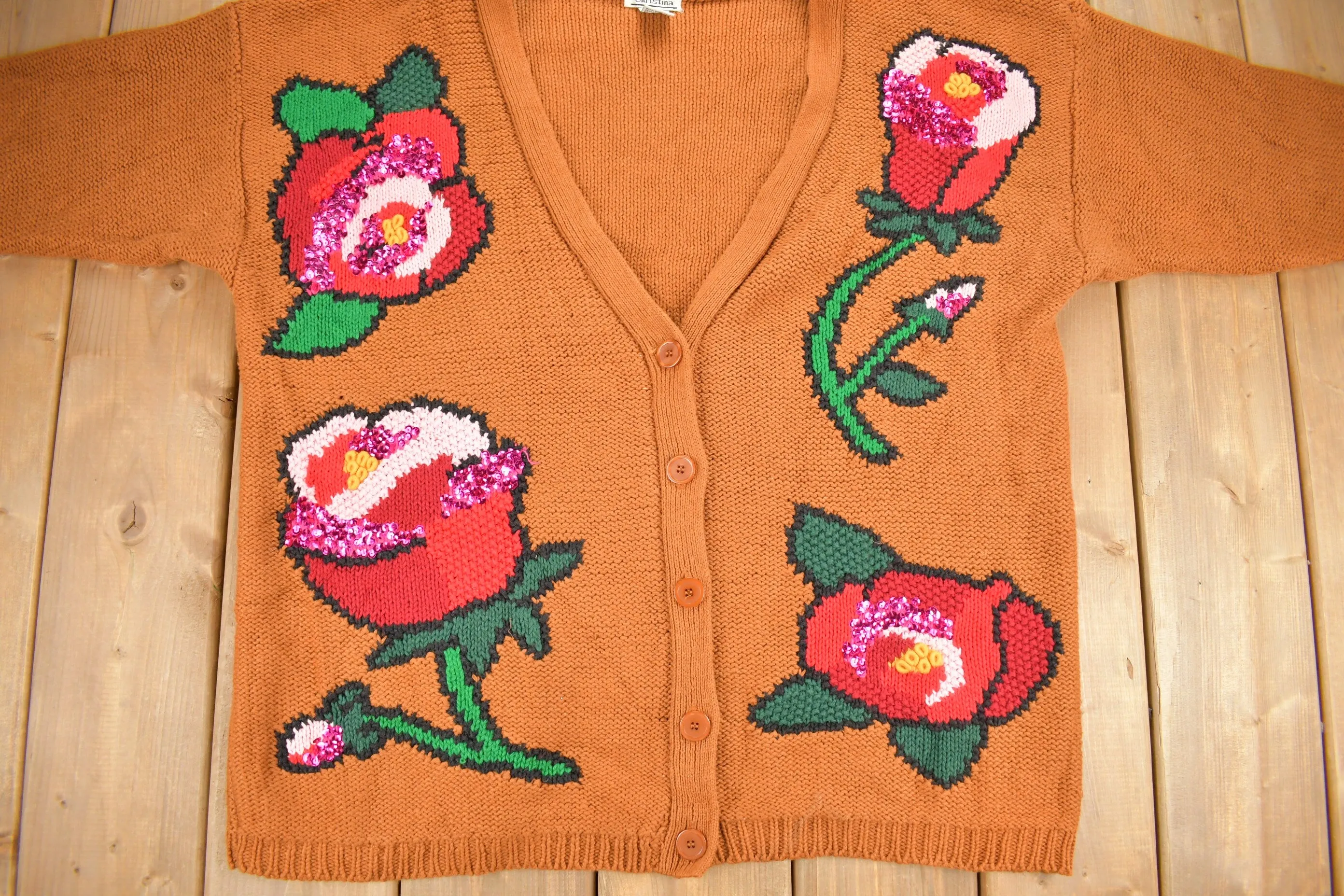 Vintage 1990s Christina Floral Theme Embroidered Cardigan Sweater