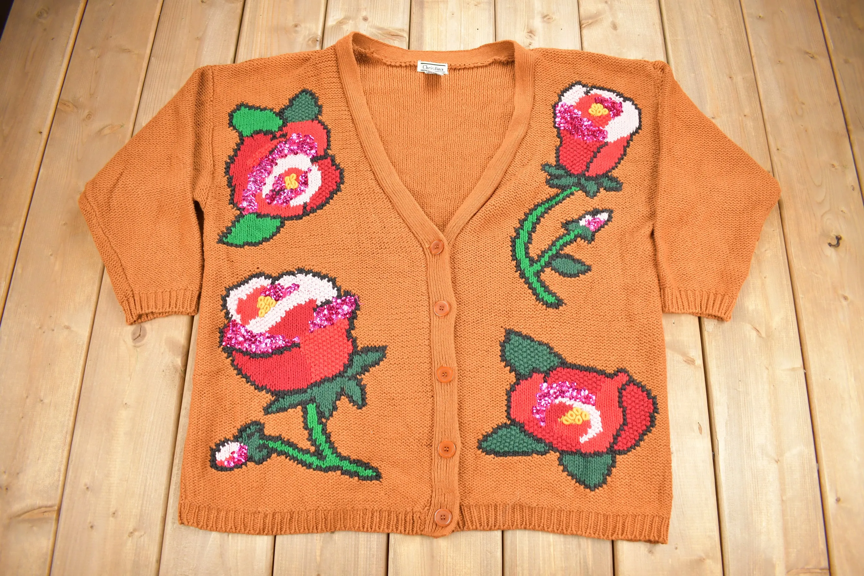 Vintage 1990s Christina Floral Theme Embroidered Cardigan Sweater