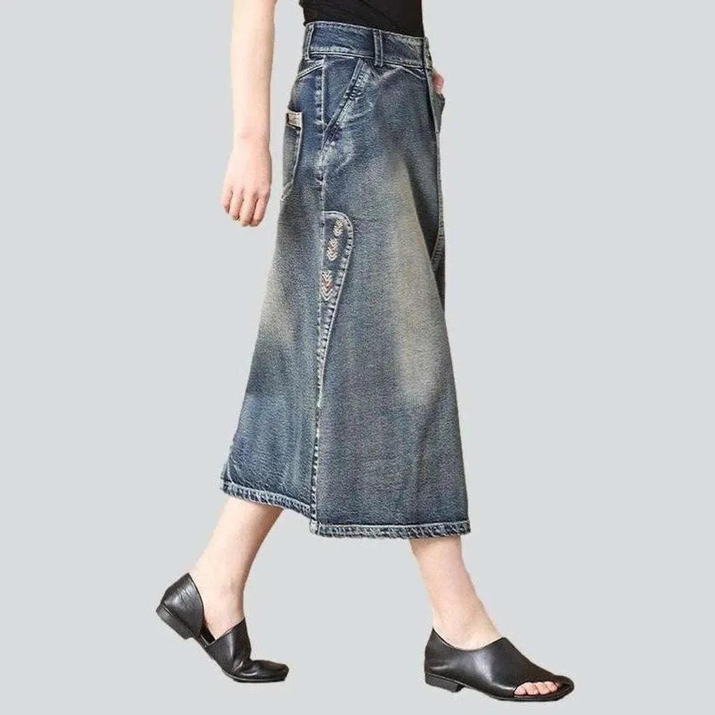 Vintage embroidered long denim skirt