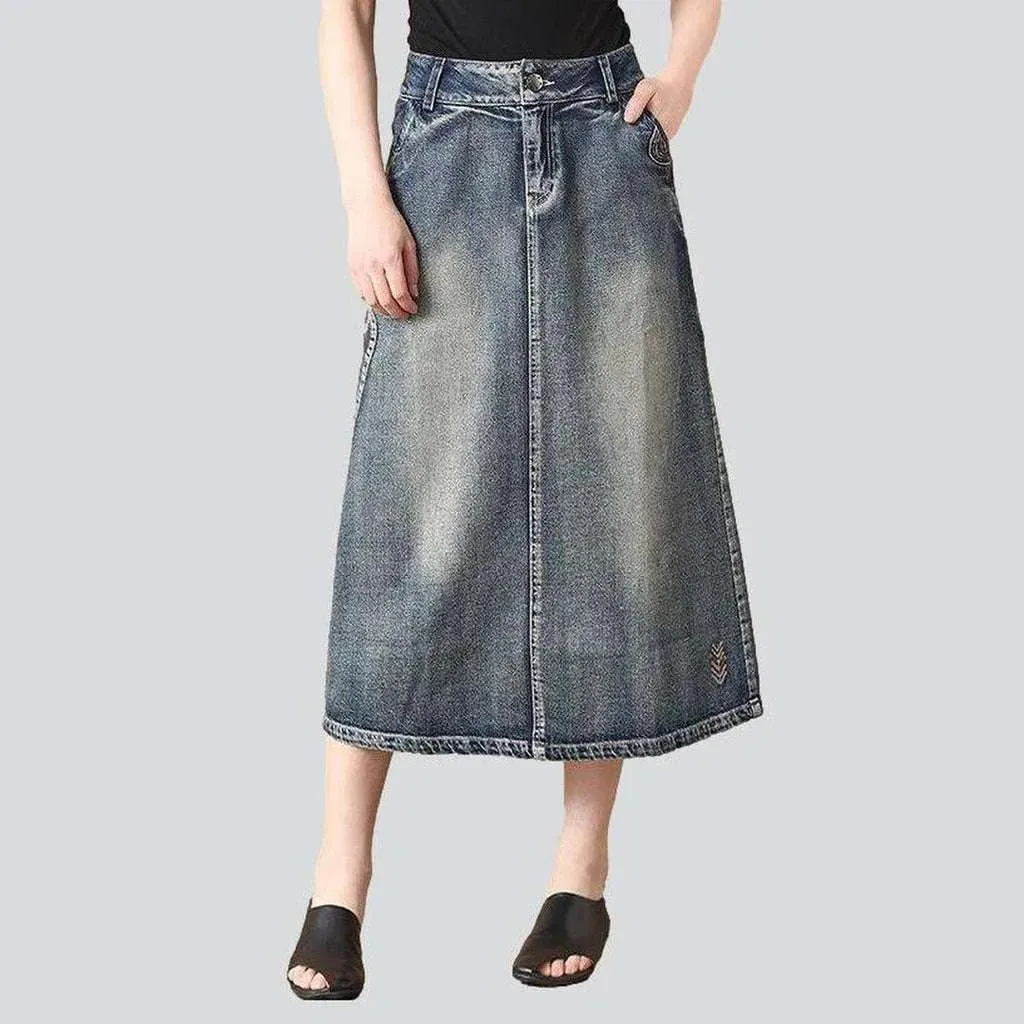 Vintage embroidered long denim skirt