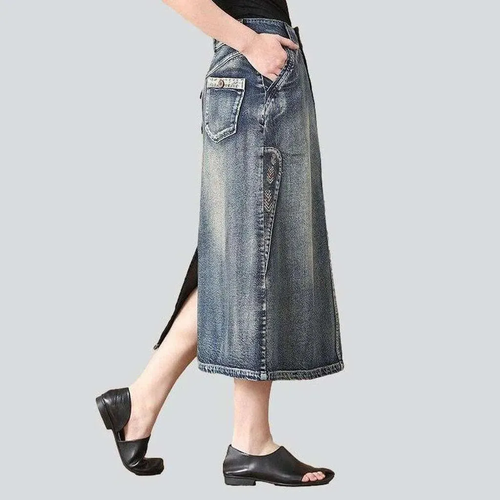 Vintage embroidered long denim skirt