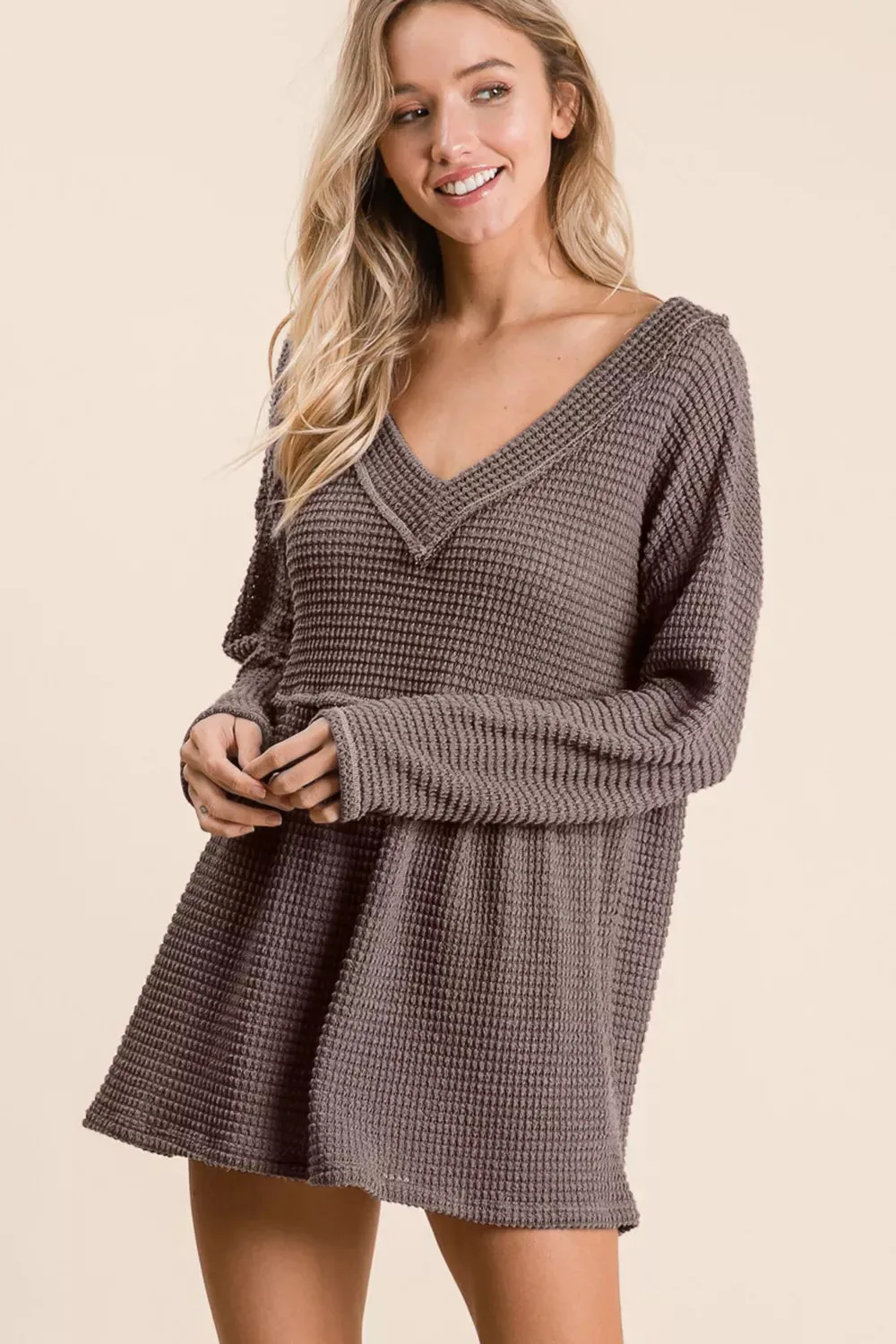 Waffle Knit V-Neck Babydoll Blouse