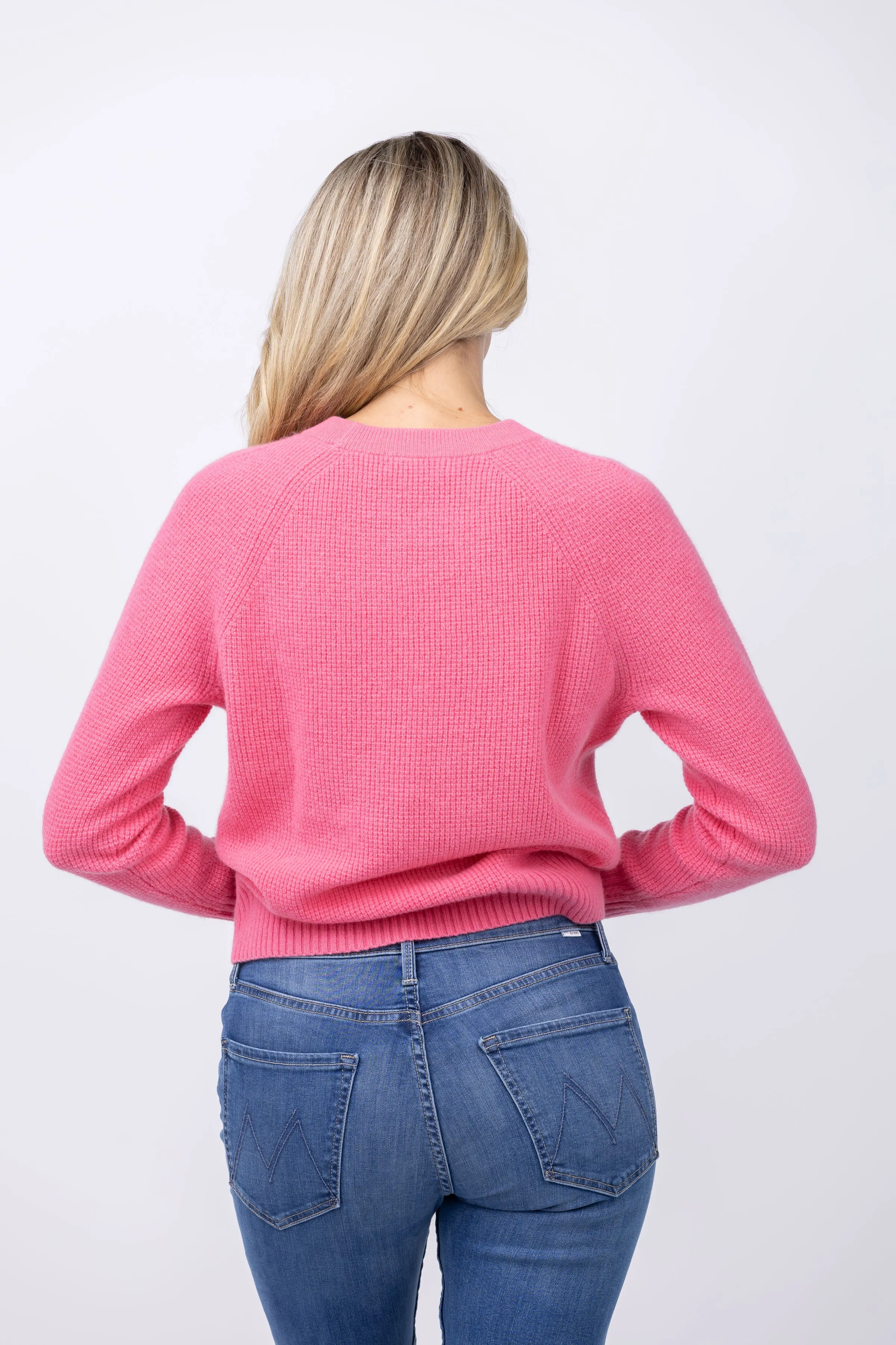 White   Warren Cashmere Waffle Sweater in Bright Tulip