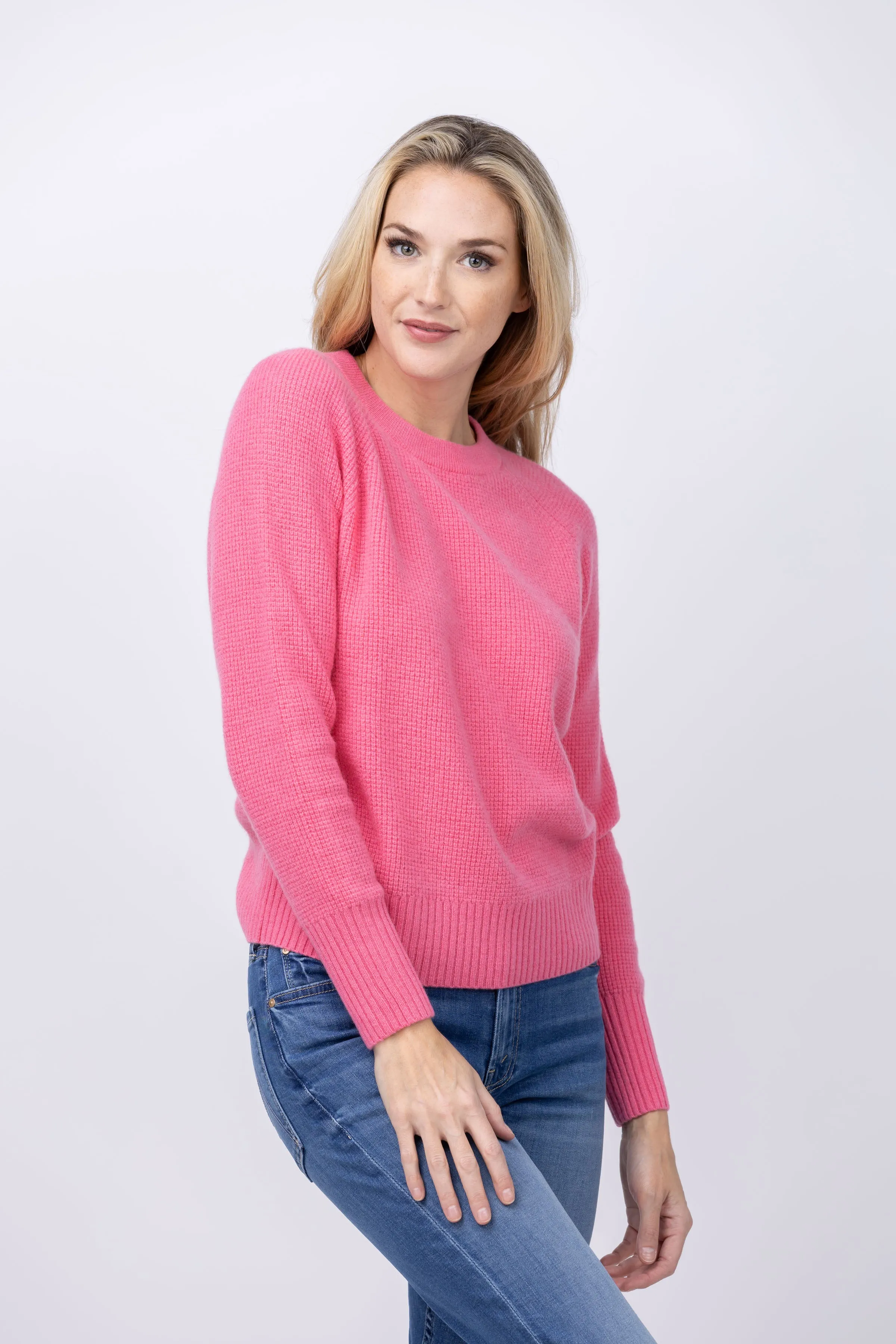 White   Warren Cashmere Waffle Sweater in Bright Tulip