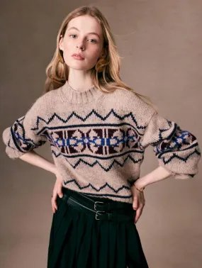 White   Warren - Plush Alpaca Fair Isle Crewneck Sweater in Oat