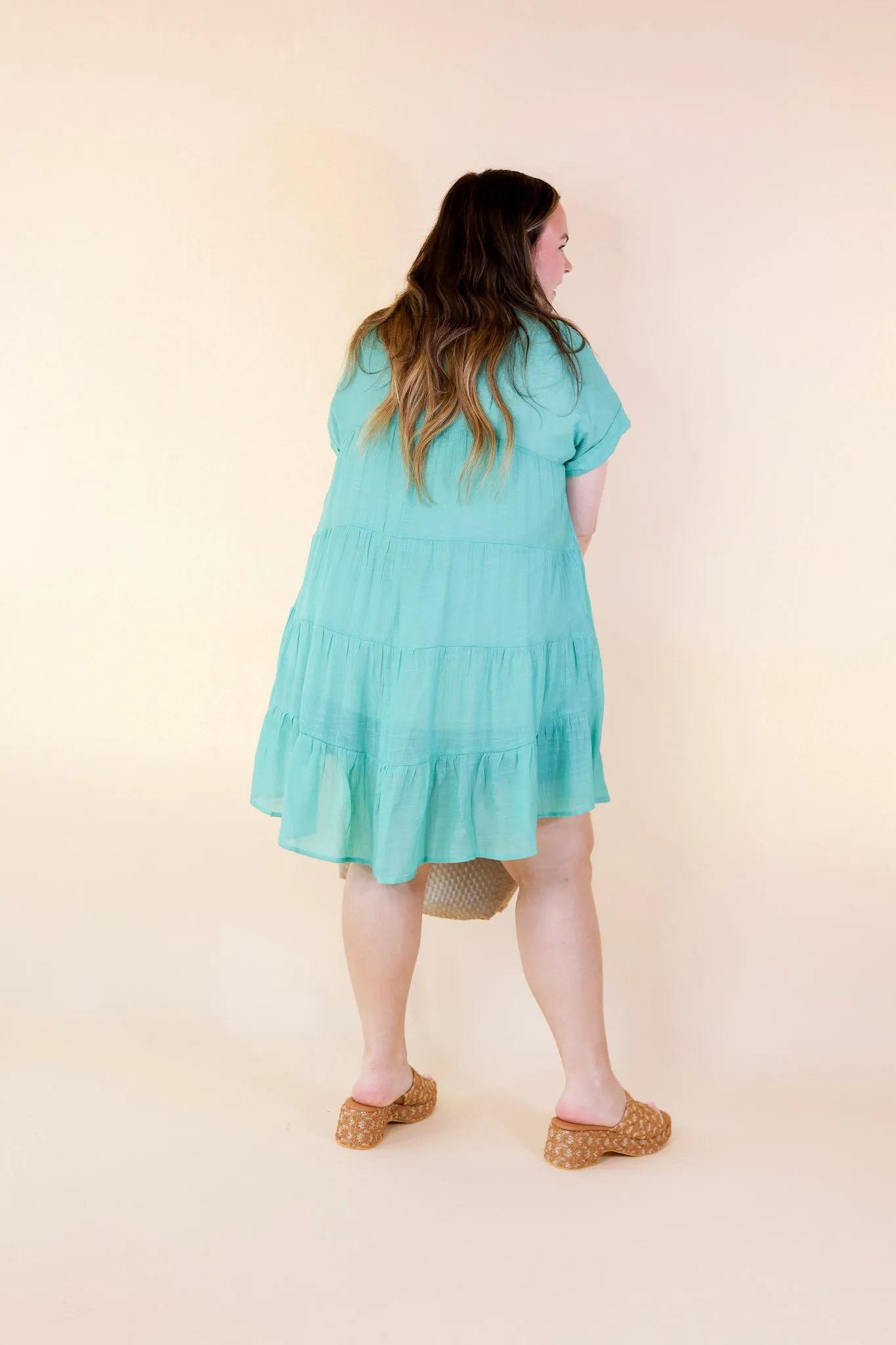 Wildest Dreams Button Up Short Sleeve Tunic Dress in Turquoise