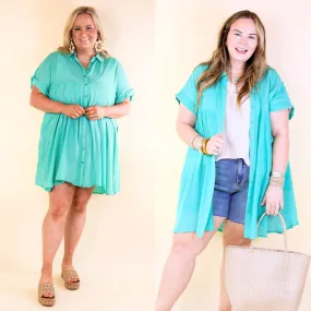 Wildest Dreams Button Up Short Sleeve Tunic Dress in Turquoise