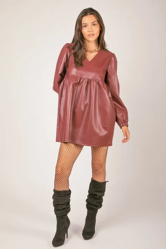 Wine V-neck Flare Faux Leather Babydoll Mini Dress