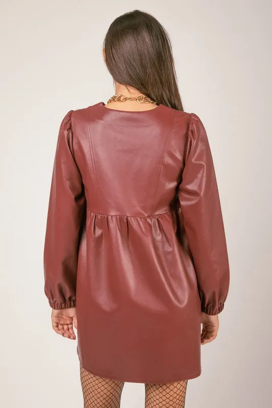 Wine V-neck Flare Faux Leather Babydoll Mini Dress