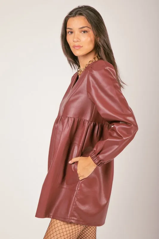 Wine V-neck Flare Faux Leather Babydoll Mini Dress