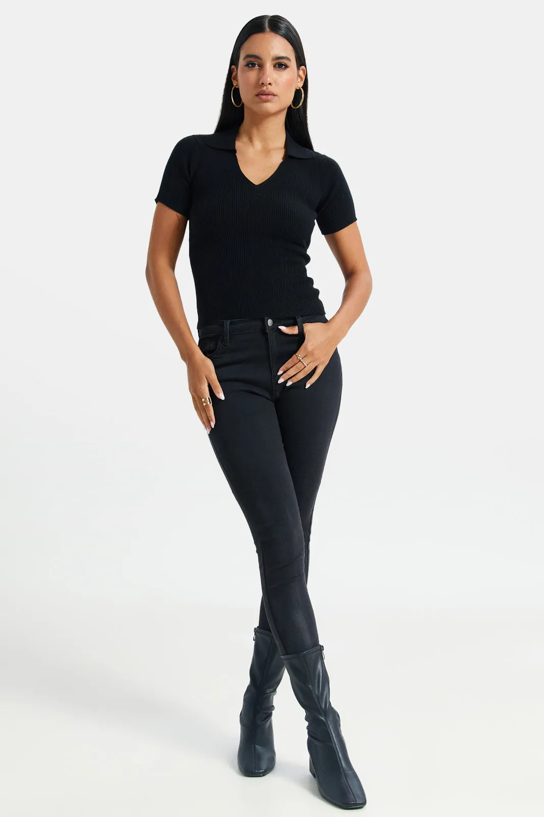 Women Black Short-Sleeved Sweater Polo