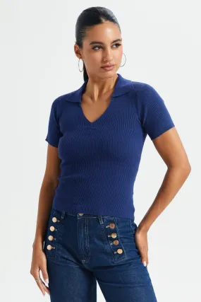 Women Blue Short-Sleeved Sweater Polo