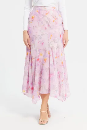 Women Pink Printed Handkerchief Hem Skirt