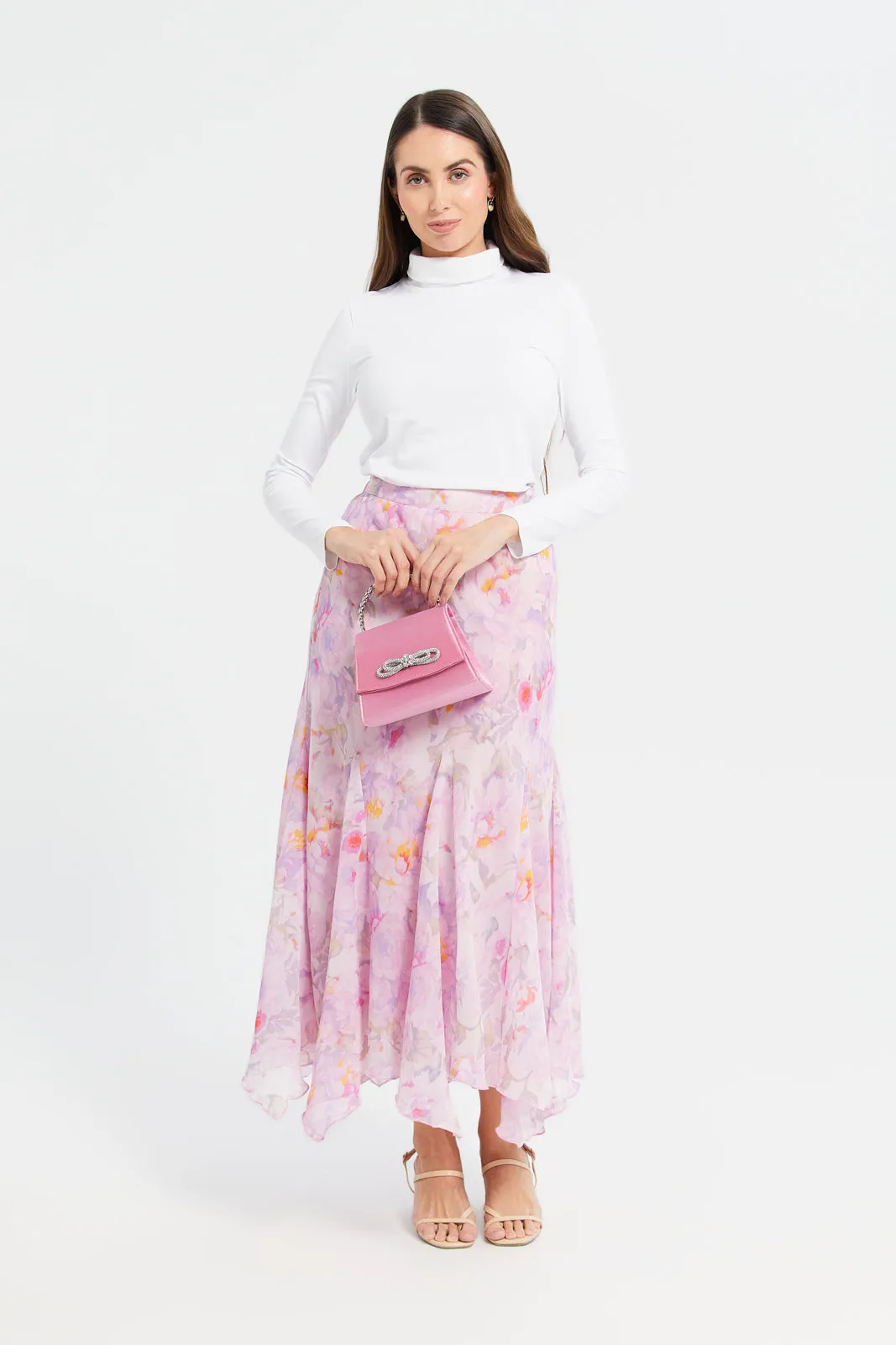 Women Pink Printed Handkerchief Hem Skirt