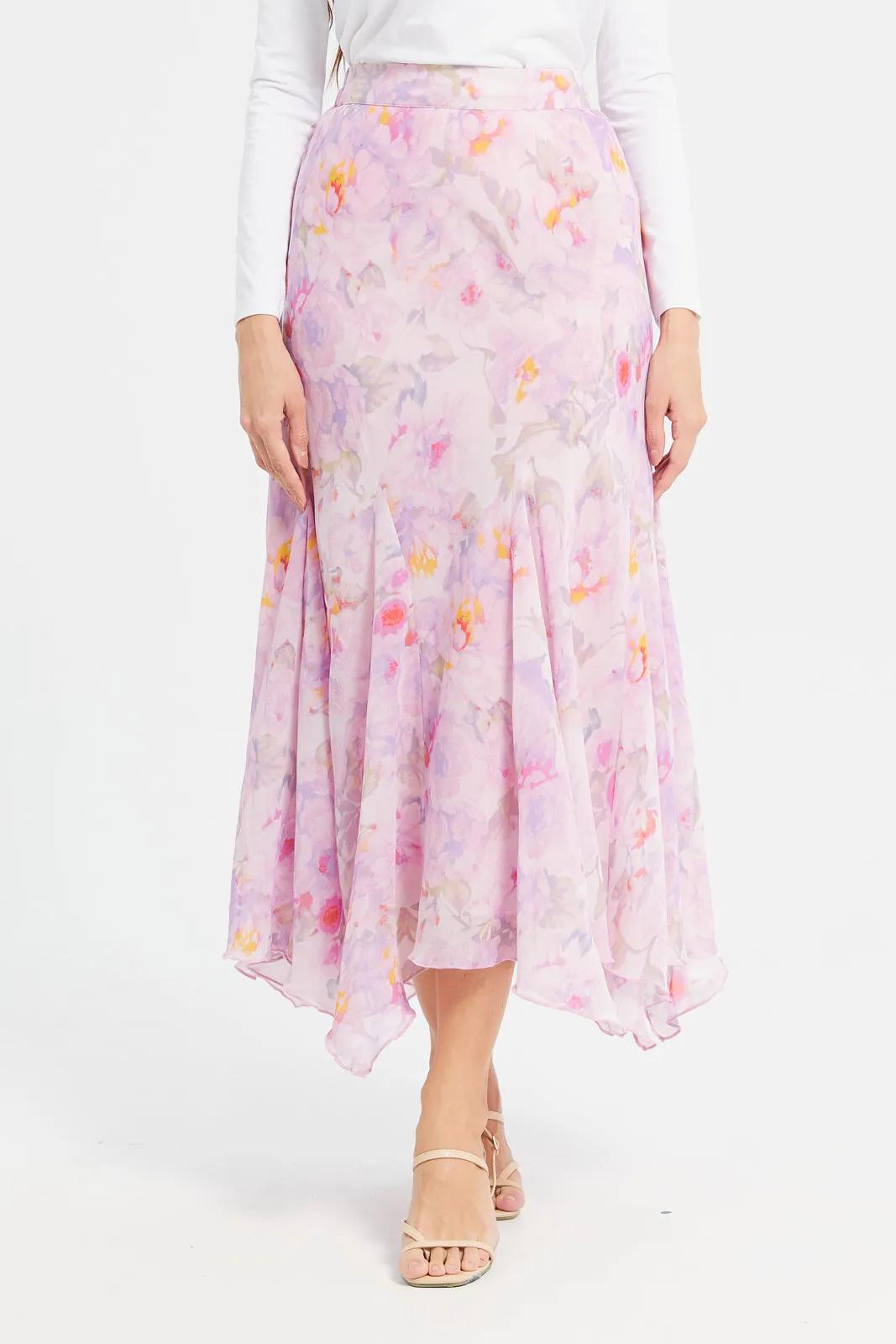 Women Pink Printed Handkerchief Hem Skirt