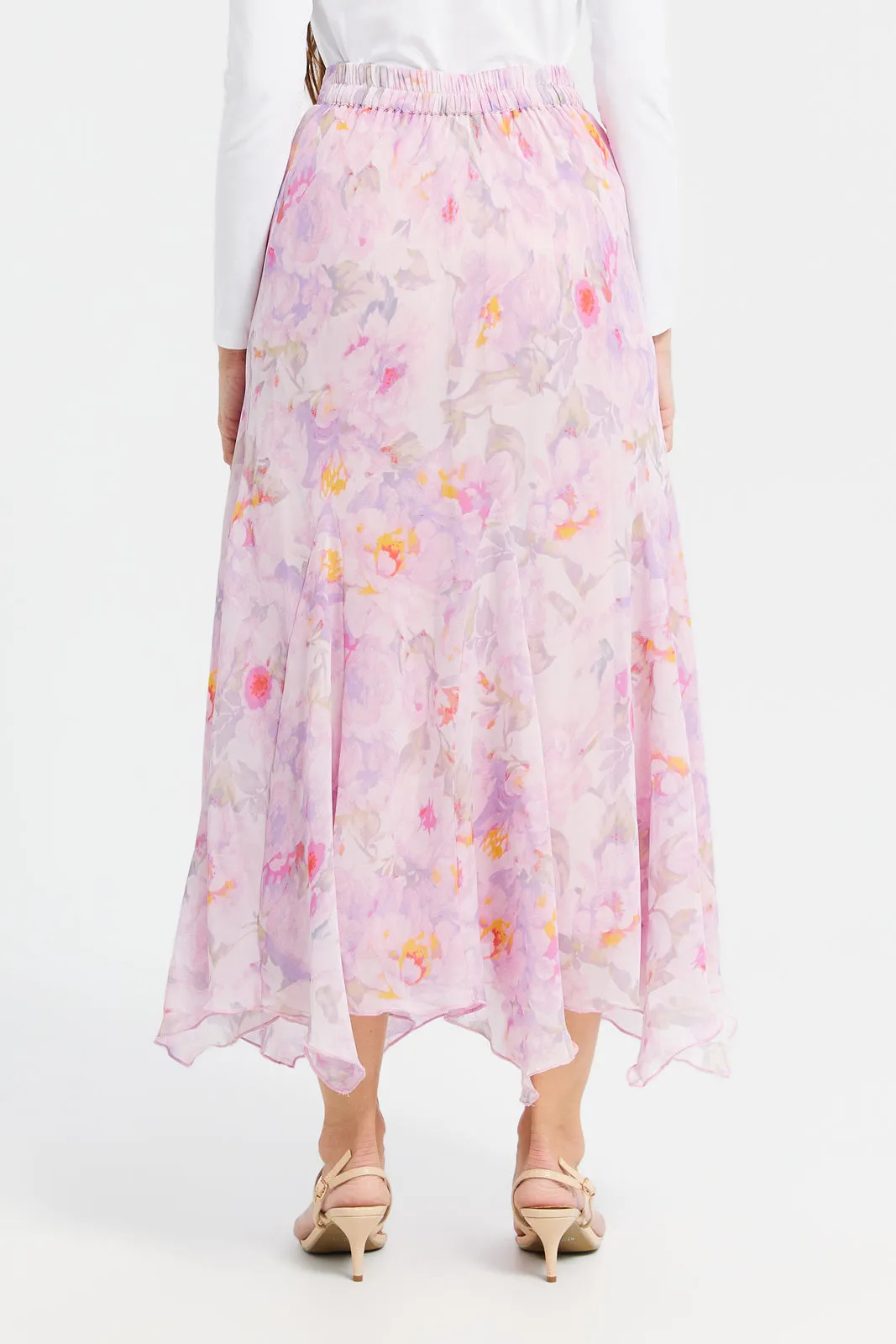 Women Pink Printed Handkerchief Hem Skirt