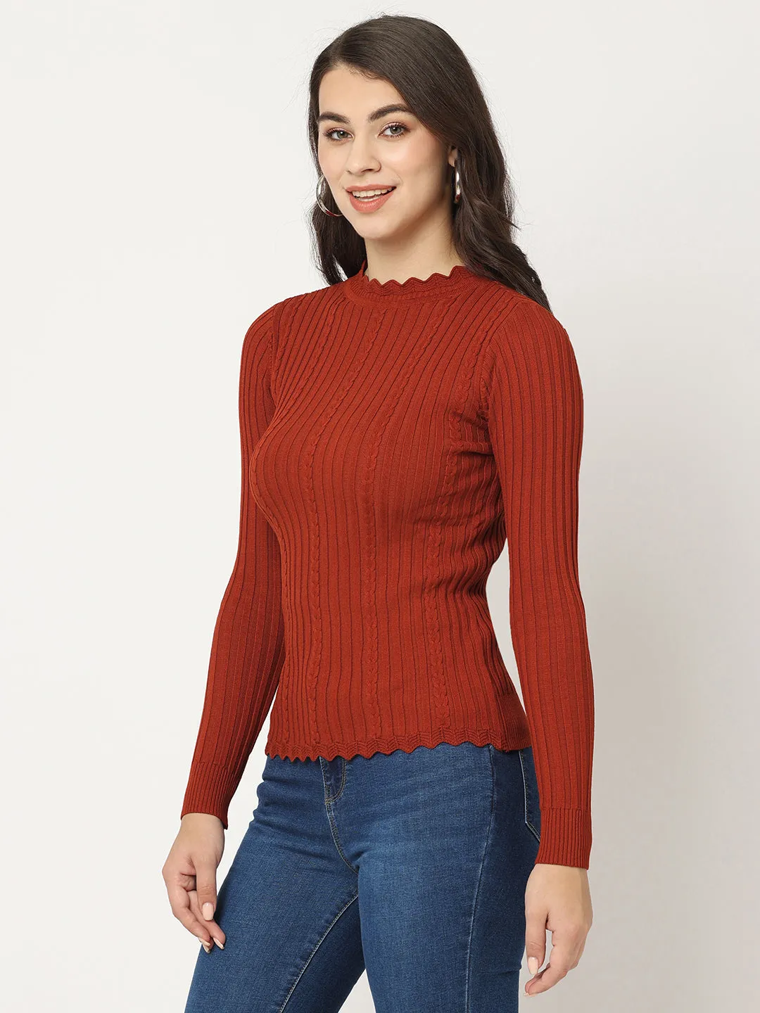 Women Slim Fit Rust Ribbed Sweater