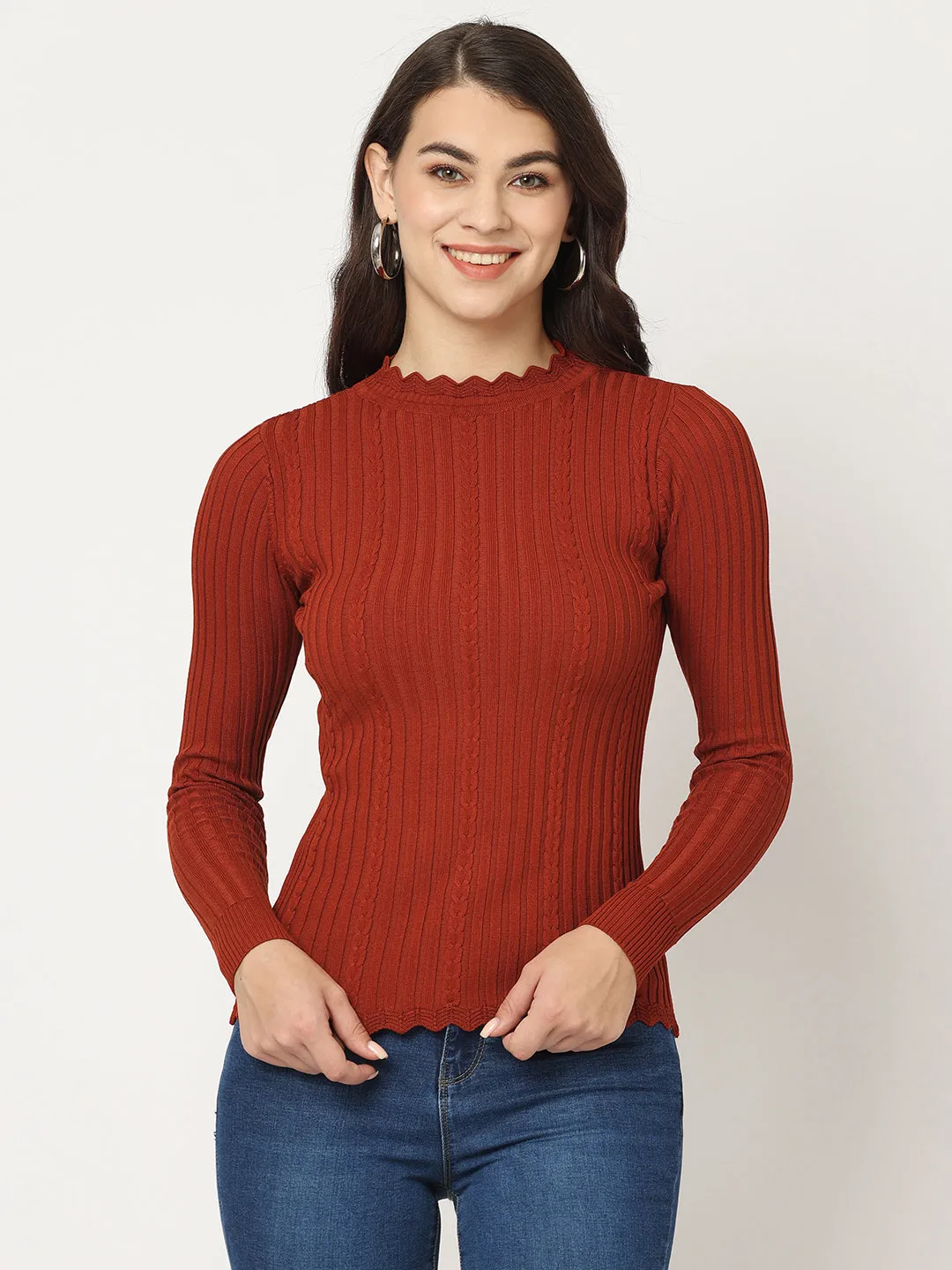 Women Slim Fit Rust Ribbed Sweater