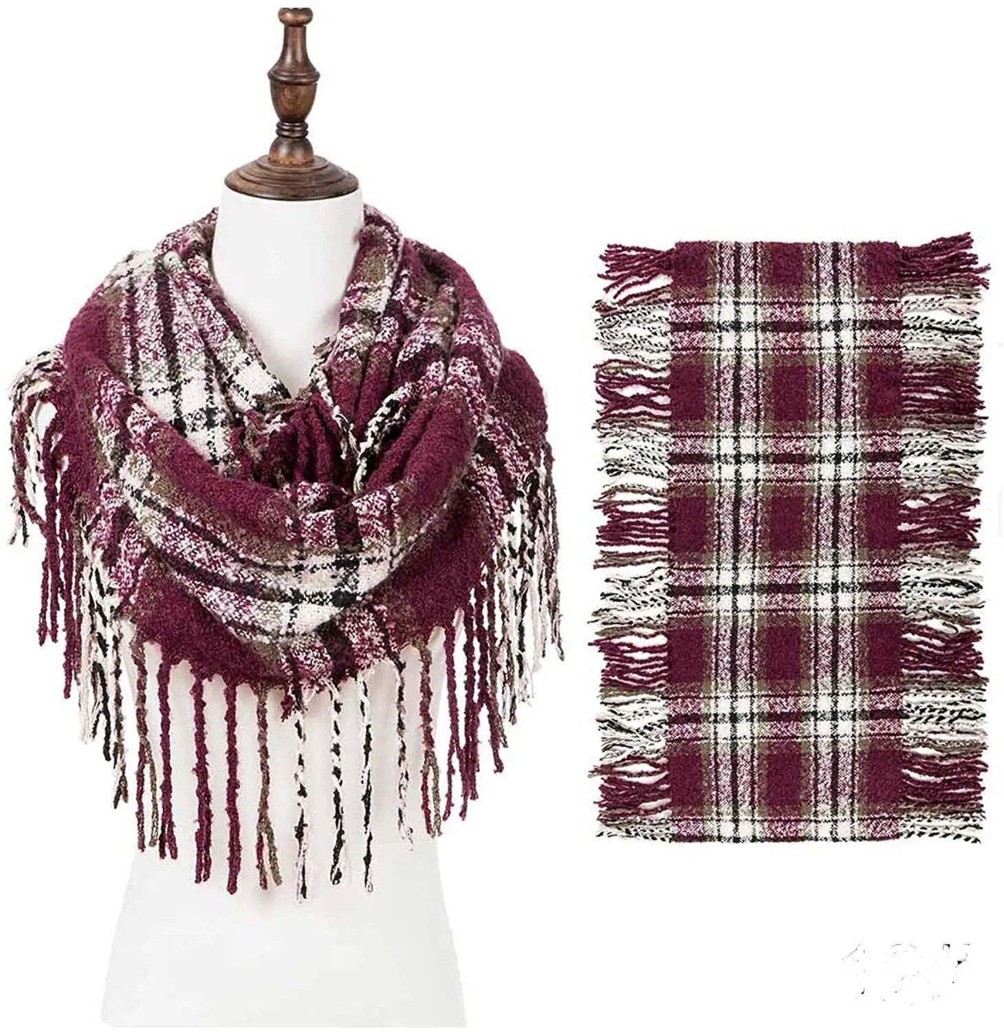 Womens Winter Plaid Infinity Scarf Warm Tassel Circle Loop Scarves for Women