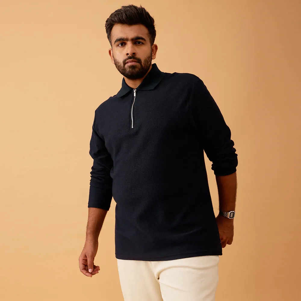 Zipper Premium Textured Full Sleeve Polo T-shirt